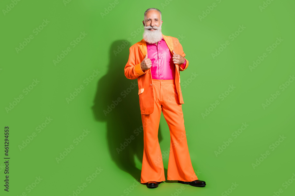 Sticker Full length body size view of attractive cheerful imposing chic grey-haired man posing isolated over bright green color background