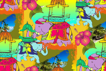  Pattern in a tropical style. Elephants, flowers and palms.