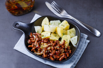 Chanterelle mushrooms with boiled potatoes, onions, dill and oil in a small black pan. Traditional Russian dish. Black background, close-up, camera zoom.