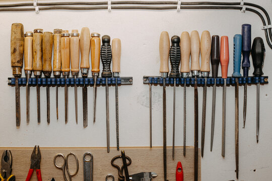 Close up of chisels and raspers in the homemade workshop