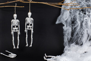 White skeletons on a black background. Skeleton and natural materials, wood, leaves, branches. The concept of the Day of the Dead. Happy Halloween. A postcard for All Saints' Day. A skeleton hanging 