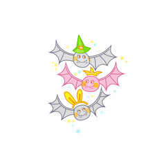 Vector illustration. Flying cute bat among the stars. Bats isolated, on white background. Cheerful, funny bats in a crown, witch's hat, bunny ears. Halloween characters. Happy Halloween!