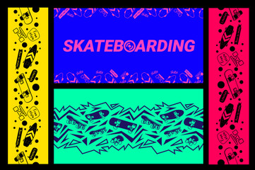Vector Set of Colorful Different Illustration with Skateboard. Skateboarding Seamless Pattern with Word. Color Line Art Style Skate Background