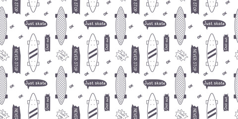 Vector Black and White Illustration of Penny Board with Word and Speech Bubble. Skateboarding Seamless Pattern with Cartoon Skate Board. Line Art Style Skate Background