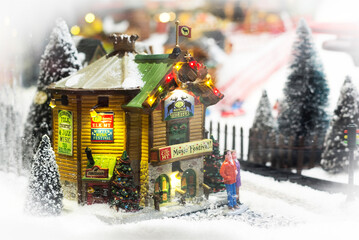 Christmas story. New Year's toy house with dolls. Stylish toys in a European store