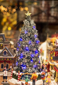 Christmas tree in a European store, a shopping pavilion with New Year's toys