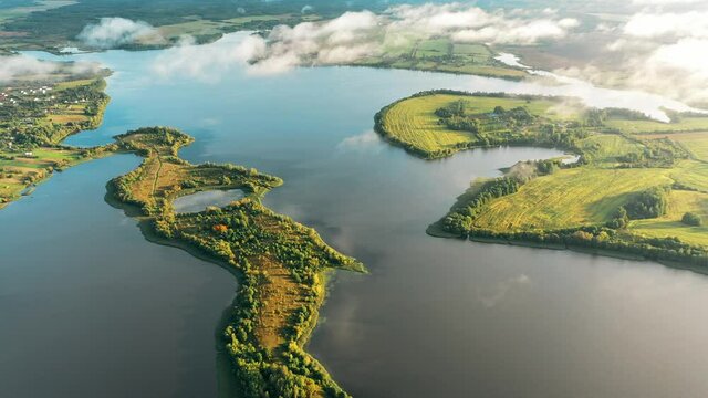 Lyepyel District, Vitebsk Region, Belarus. Aerial View Of Lakes Rivers Islands And Countryside Landscape. Morning Clouds Above Lepel Lake 4K