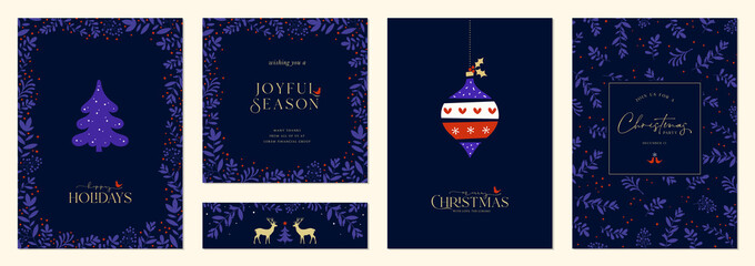 Merry and Bright Corporate Holiday cards. Universal abstract creative artistic templates with Christmas tree, birds, reindeers, Christmas ornament, ornate floral frames and backgrounds.