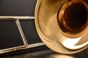 Trombone bell and slide detail front view black background