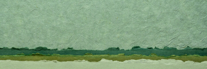abstract landscape in green pastel tones - a collection of handmade paper sheets, panoramic web banner