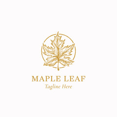 Maple Leaf Abstract Vector Sign, Symbol or Logo Template. Hand Drawn Autumn Leaf Sketch Illustration in a Circle Frame with Retro Typography. Isolated