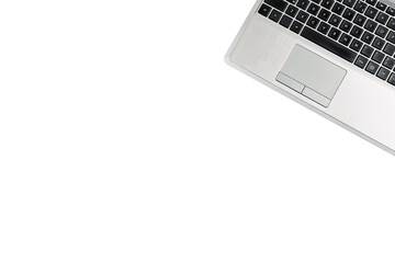 Laptop mockup on white background. Banner for a computer equipment store with copy space. Distance education. Layout. Business card. Keys of keyboard and touchpad. Notebook repair. Wireless Internet