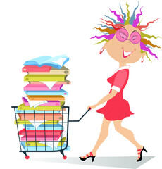Young woman with a trolley full of books or documents.
Young woman pulls a trolley full of books or documents illustration
