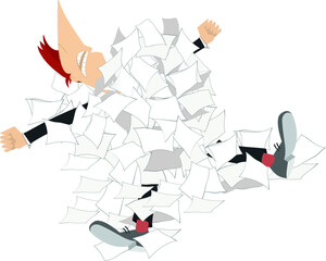 Businessman and a pile of papers illustration. 
Man lies under the big pile of papers or documents isolated on white
