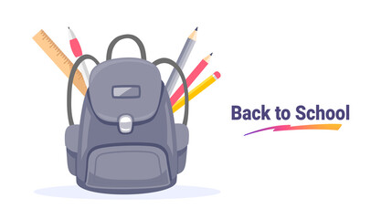 Vector illustration of school bag with pen and pencil on white background with text back to school. Bright design