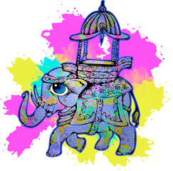 Decorative elephant in ethnic style. Multicolor background. 