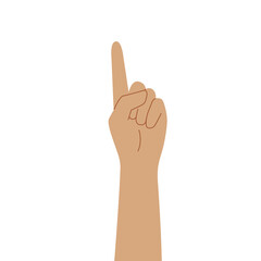 Shows his index finger. Flat illustration of white human hands. Isolated over white background.