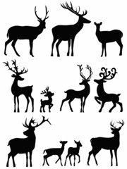 set of deer black silhouette on a white background