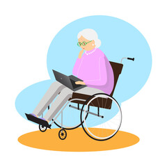 Happy old lady with a disability holding a laptop vector illustration