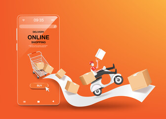 delivery man drives a scooter out of a cart in front of the smartphone and the receipt paper and parcel box flowed out and in his hand was a shopping bag for delivery and online shopping concept