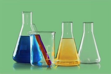 Biological experiment presentation with water in biological test tubes. Production of cosmetics