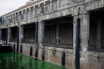 Fototapeta na wymiar The dock of the Kiev River Station. River pier on the Dnieper