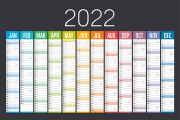 Year 2022 colorful calendar on dark background. Vector template. - obrazy, fototapety, plakaty