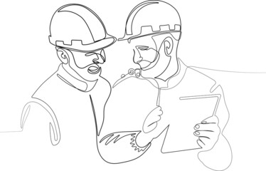 Close up of young Caucasian man with helmet on head using tablet in warehouse. Next to him his older colleague. Vector illustration