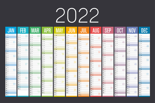 Year 2022 colorful calendar on dark background. Vector template.