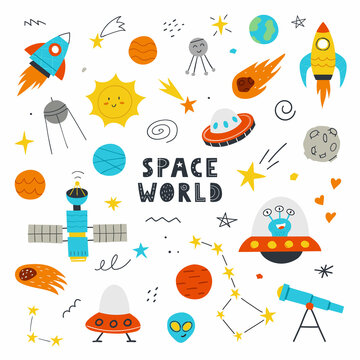Hand drawn cute space set. Vector illustration. Concept for children print. Planets, aliens, rockets, UFO, stars isolated on white background.