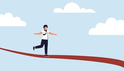 Taking risk concept for success Man walking on tight rope symbol vector illustration Business risk and challenge in career path Business project deadline Time management Assessment and control
