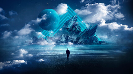 Futuristic fantasy landscape with light clouds. Natural scene with neon light reflected in water. Neon space galaxy portal. 3d illustration  © MiaStendal