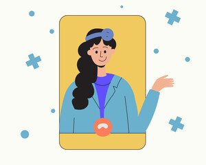 The female doctor raises her finger up. Online doctor's consultation, online doctor, quick help. Apps for communicating with doctors. Vector illustration