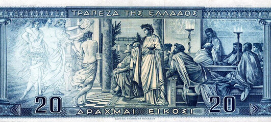 Fototapeta na wymiar The poet Agathon welcomes drunken admiral Alcibiades Plato's Symposiu. Portrait from Greece 20 Drachmai 1955 Banknotes.