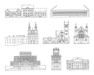 Vector line hand drawn illustration with an old town city sights, buildings and monuments of architecture set. Minsk, Belarus.