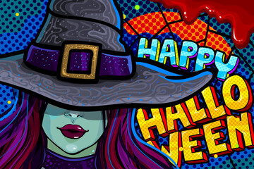 Halloween illustration. Witch in black hat with Halloween Party
