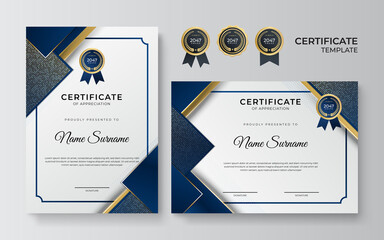 Modern elegant blue and gold diploma certificate template. Clean modern certificate with gold badge. Certificate border template with luxury and modern line pattern. Diploma vector template
