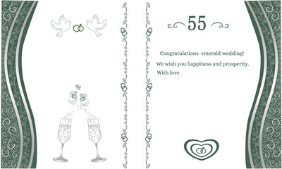 Original template of congratulations on the emerald wedding 55th anniversary.Text with wishes. Wedding glasses with decorative swans. Convenient for printing postcards and invitations. illustration