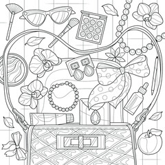 Obraz premium Jewelry and cosmetics fall out of the bag.Coloring book antistress for children and adults. Illustration isolated on white background.Zen-tangle style. Hand draw
