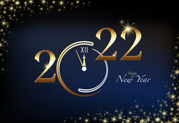 Fototapeta na wymiar Happy New Year 2022. Creative design with a gold number, from five minutes to midnight. Hogmanay, Eve, glitter stars black background. Design for calendar. Poster, modern text, greeting card print