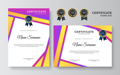 Certificate of appreciation template, colorful and vibrant color. Clean modern certificate with gold badge. Certificate border template with luxury and modern line pattern. Diploma vector template