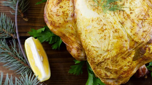 fried juicy chicken with a golden crust lies on in a tera-stick on a wooden background with slices of lemon and spruce branches. Concept for winter holidays christmas