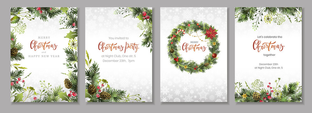 Merry Christmas Corporate Holiday Cards, Flyers And Invitations. Floral Festive Frames And Backgrounds Design.