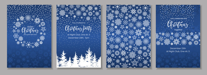 Set of blue Christmas backgrounds with snowflakes and lettering inscription Merry Christmas. Card or invitation templates.