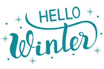 Hello winter - the inscription is written in capital letters. Template for a festive New Year card.