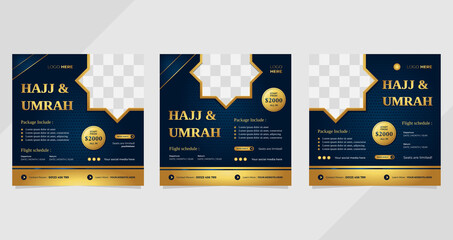 Set of social media template with navy blue gold luxury background for Hajj and Umrah