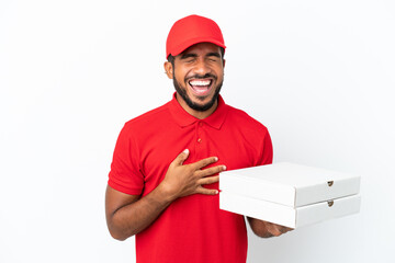 pizza delivery man picking up pizza boxes isolated on white background smiling a lot
