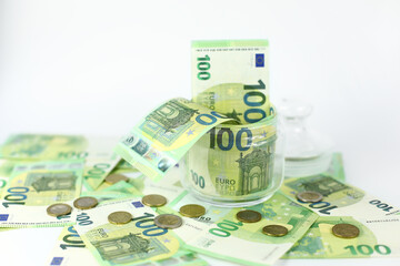 euro banknotes background, euro banknotes and coins background