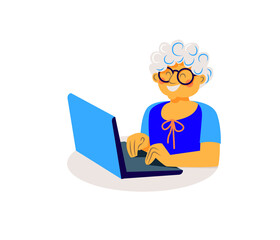 Web banner of an elderly office worker at the workplace. An elderly lady is sitting at a table on a white background. Homework concept. Vector graphics