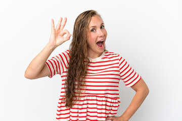 Young caucasian woman isolated on white background showing ok sign with fingers